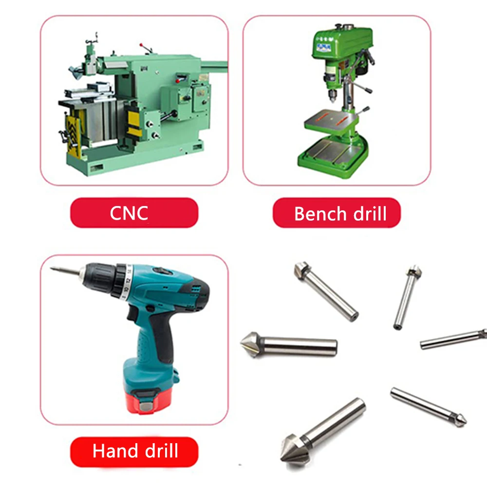 Chamfering End Mill Tool Countersink Drill Bit 90 Degree Metal Wood 3 Flute Titanium-Coated Deburring Hole Set High Speed Steel