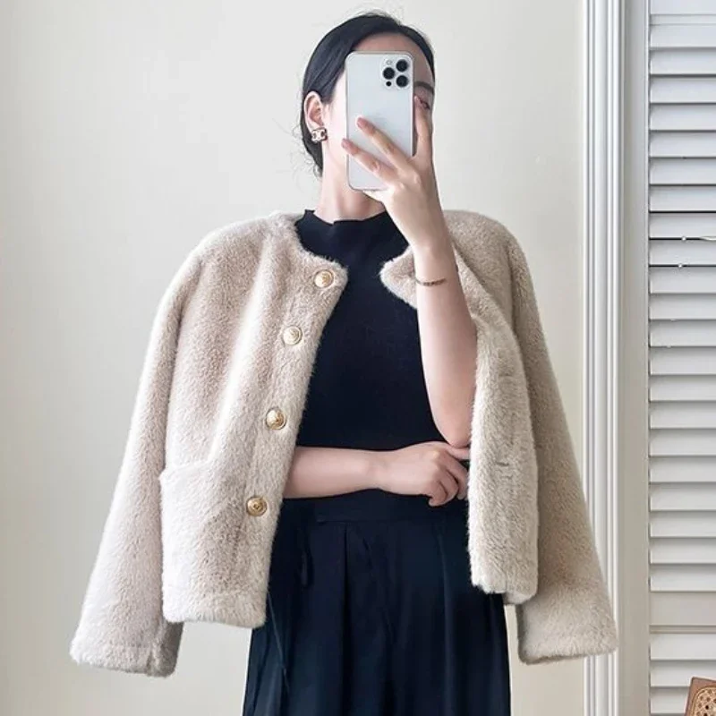 Temperamental Women Short Imitated Mink Fur Coat Female Simple Casual Solid Color Faux Fur Outwear Fashion O-neck Outcoat 2024