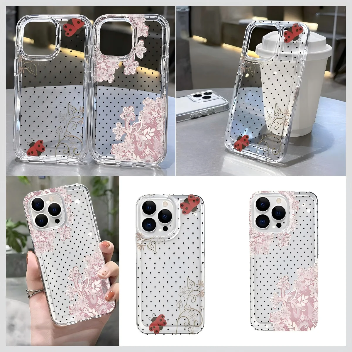 Ladybug Lace Phone Case for Samsung Galaxy S25 S24 S23 S22 S21 S20 S10 Note20 Note10 FE Ultra Plus 4G 5G Clear