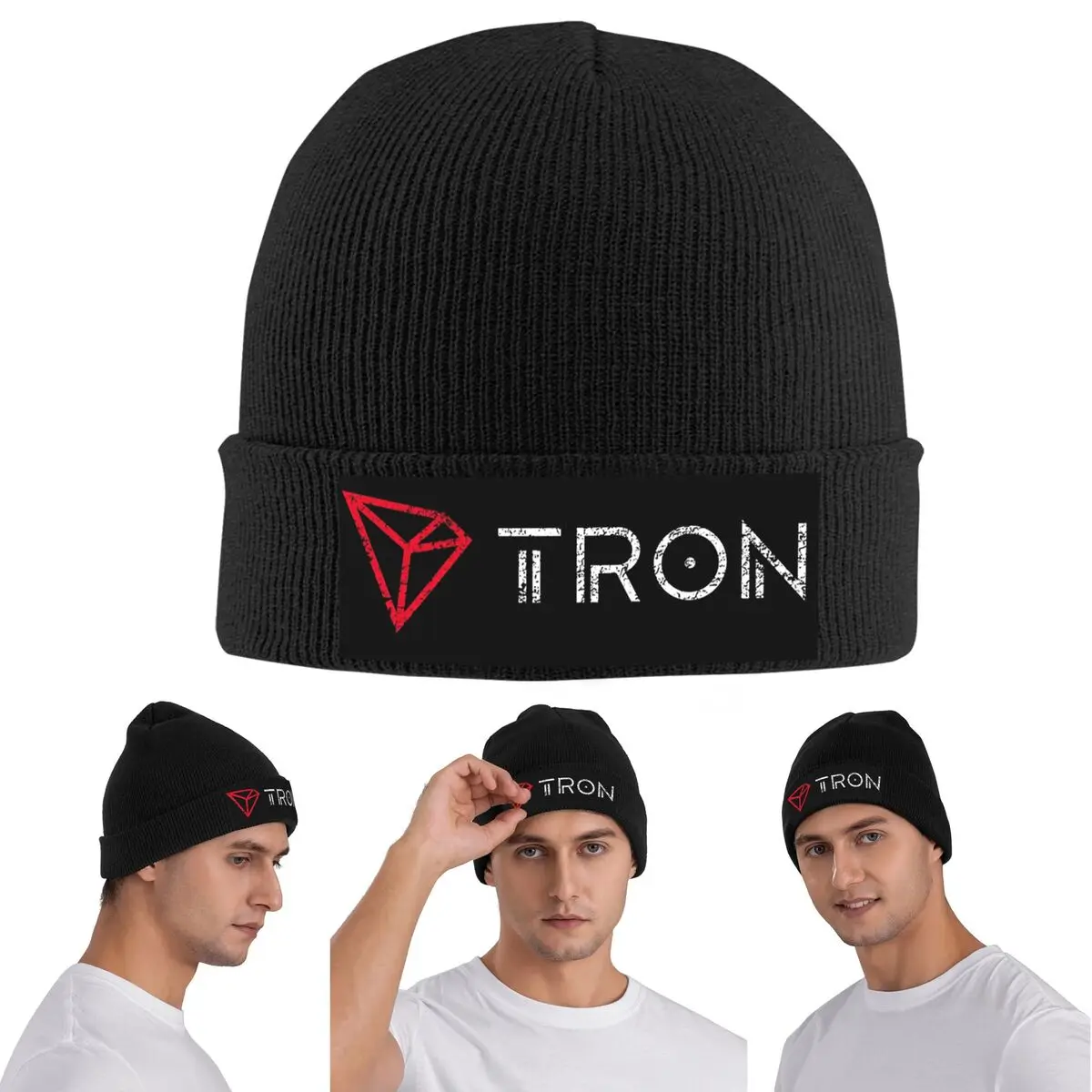 Tron TRX Distressed Crypto Trader Logo Warm Knitted Cap Winter Knit Bonnet Hat Skullies Beanies Hip Hop Caps for Unisex