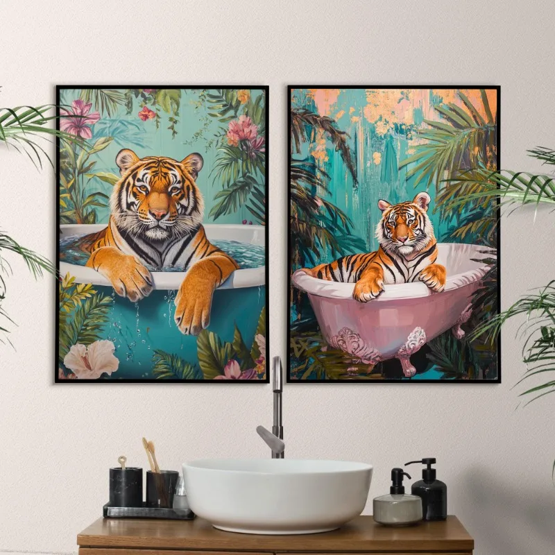 1pc frameless Canvas Painting 1pc Frameless Relaxing Animals in The Swimming Pool Float Tropical Lion Tiger Cat Canvas Painting