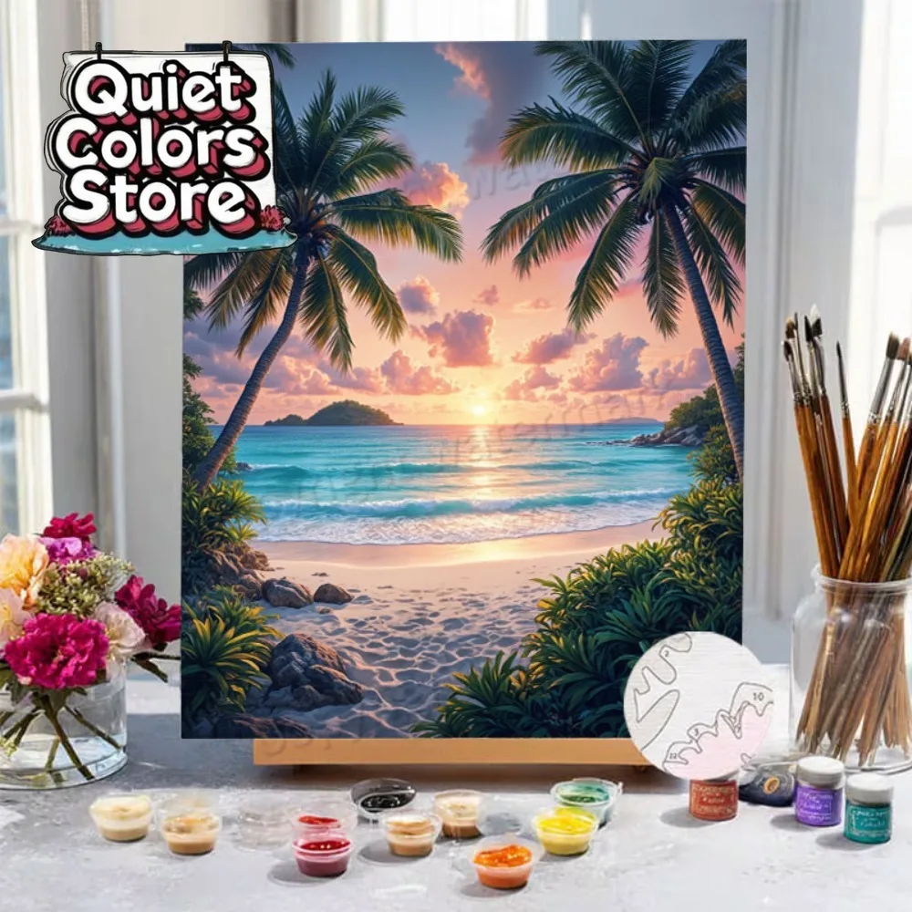 

(Quiet Colors Store)Digital Oil Painting Kit, Beginner DIY 2D Sunset Tropical Beach Digital Painting by Numbers Paint Adult Cra