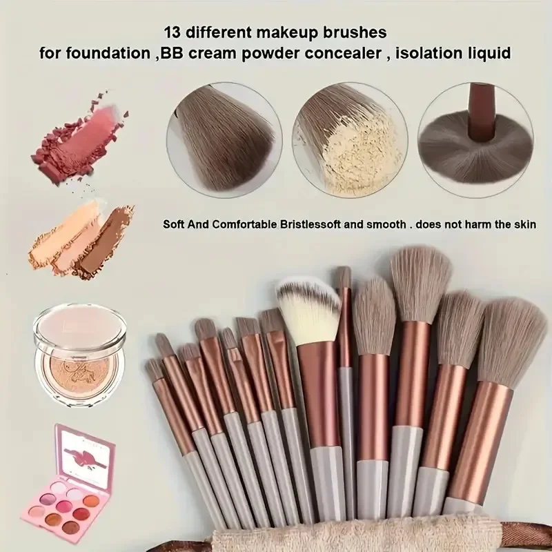Set di pennelli per trucco marrone da 13 pezzi con soffio rotondo e frullatore di bellezza - Kit completo per trucco professionale per fondotinta