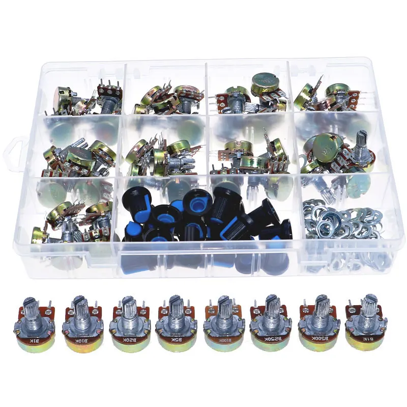 45Pcs WH148 Single Potentiometer Kit B1K/5K/10K/20K/50K/100K/500K/1M with knobs Single Shaft Nuts potentiometer set +BOX