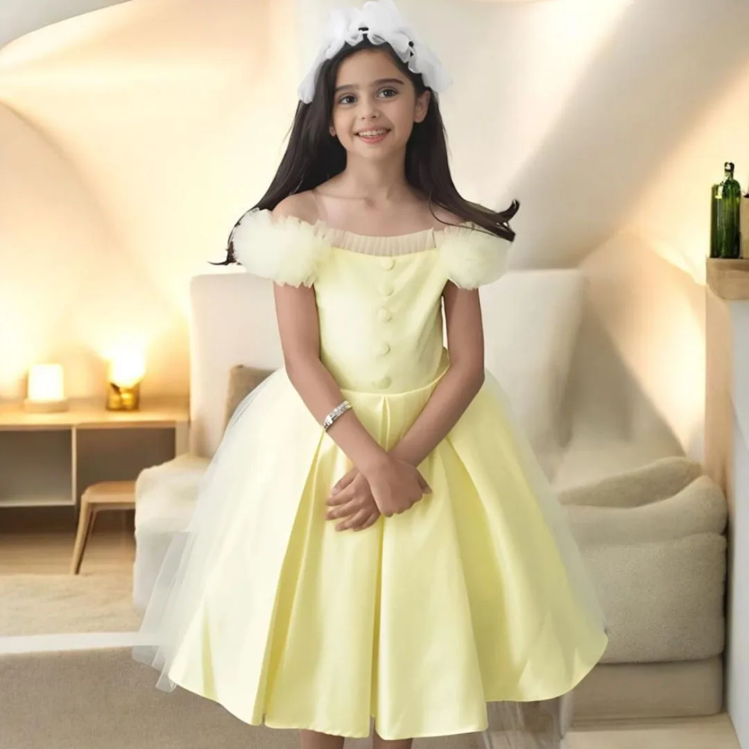 

Customized Flower Girl Dress Yellow Satin Tulle Sleeveless For Wedding Banquet Birthday Party Holy Communion Gown