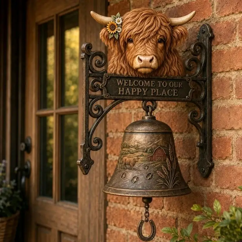 Country Cow Wall Bells, Molded Decorative Accent with Ornate Scrollwork Support and Mechanical Tone for Porch or Shop 87HA