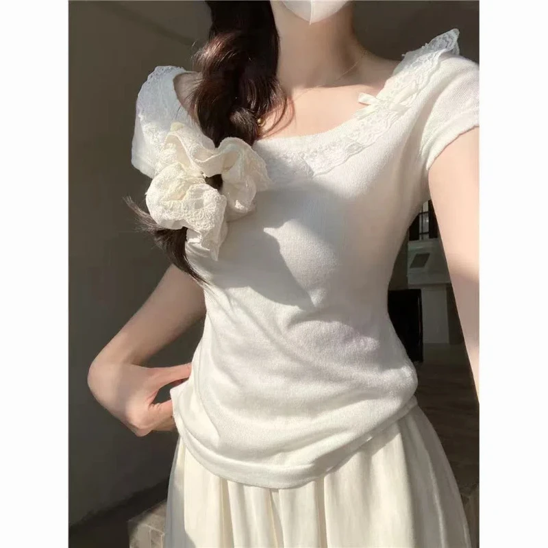 

Hot Girls Three-dimensional Bow Short-sleeved Women's Clothing 2025 New Spring and Summer Age-reducing Lace Lace Lace Top Trendy