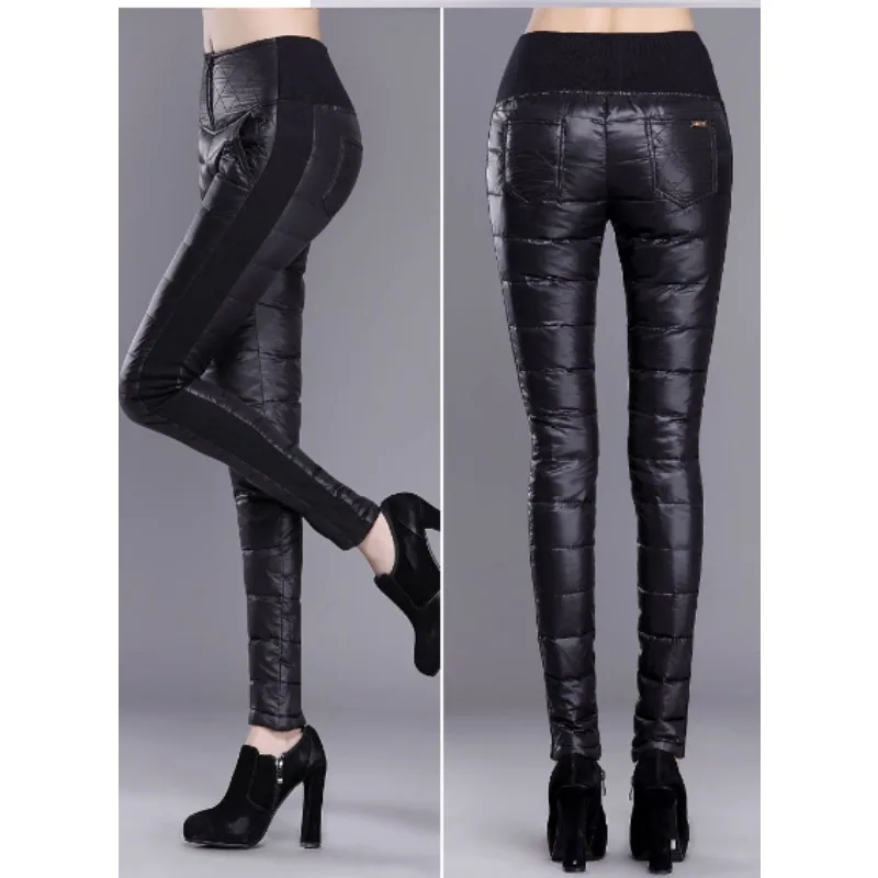 สวมใส่เอวสูงSlimmingขนาดใหญ่เป็ดสีขาวลงกางเกงผ้าฝ้ายหนาหนาผู้หญิง 2024 ใหม่ลงกางเกงผู้หญิงฤดูหนาวกางเกงผู้หญิง