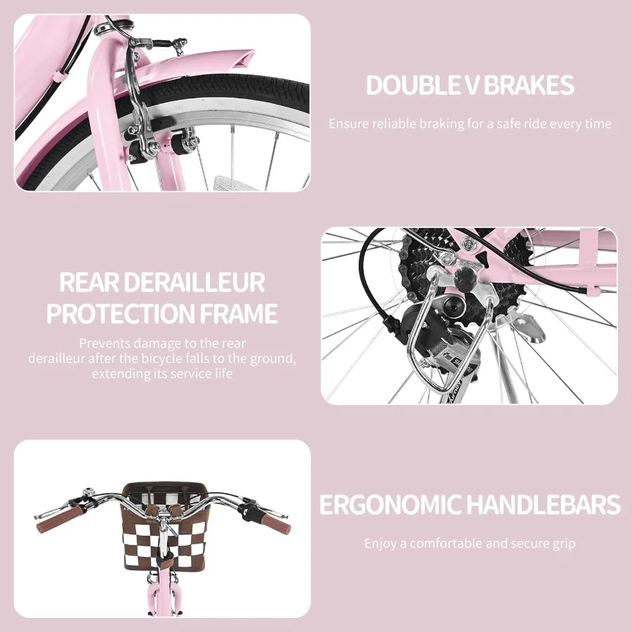 دراجة شاطئ كروزر قابلة للطي مقاس 24 26 بوصة مع نظام تروس 7 سرعات وسلة مدمجة بتصميم إطار من خلال الخطوة لسهولة ركوب الخيل