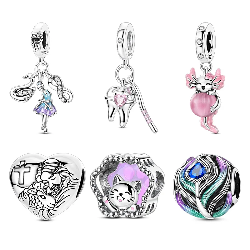 925 Sterling Silver Heart Shaped Ballet Cat Claw Charms Beads For Women Fit Original Bracelet DIY Birthday Party Jewelry Gifts