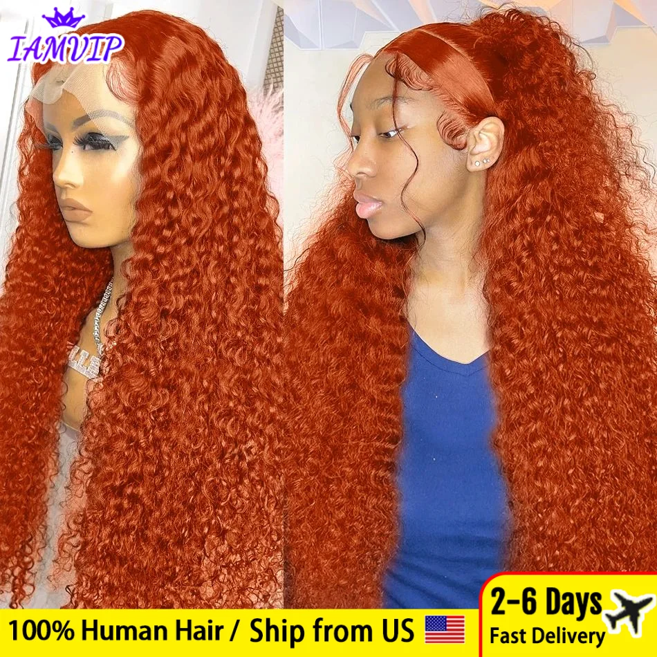 

IAMVIP 13x6 200 Density Hd Transparent Lace Front Wig For Women Curly Remy Human Hair 350# Orange Ginger Glueless Loose Body Wav