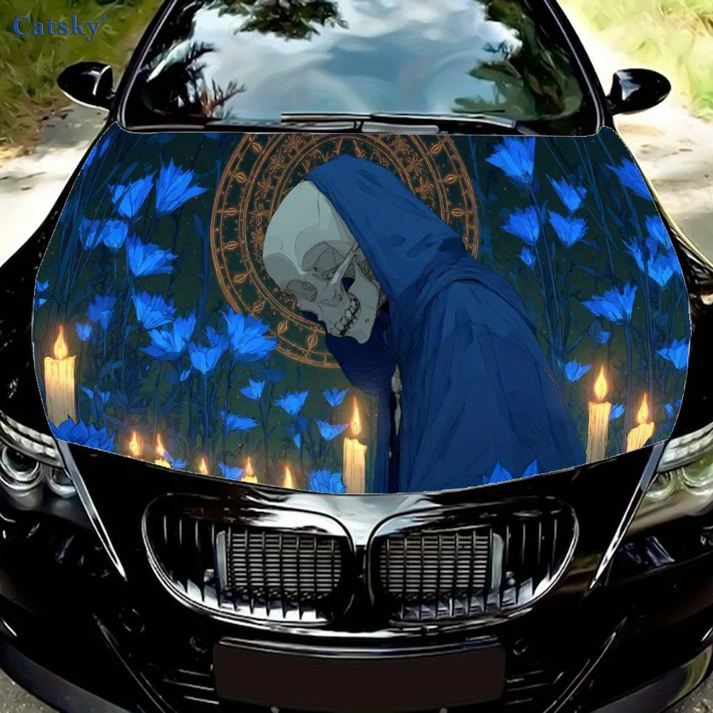 

Череп с капюшоном, свечи и синие цветы, виниловая наклейка на капот автомобиля, крутая внешняя защитная наклейка для автомобиля, водонепроницаемые самоклеящиеся