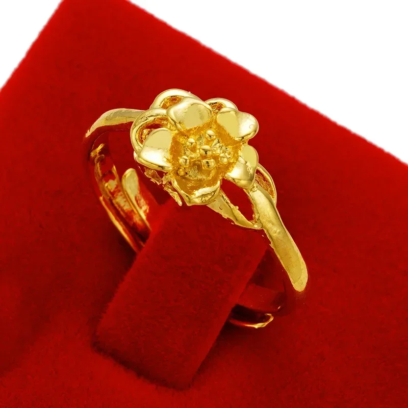 Real 18K Gold Color Ring for Women\'s Vintage Glossy Flowers Ring for Girlfriend Fashion Birthday Wedding Engagement Gifts