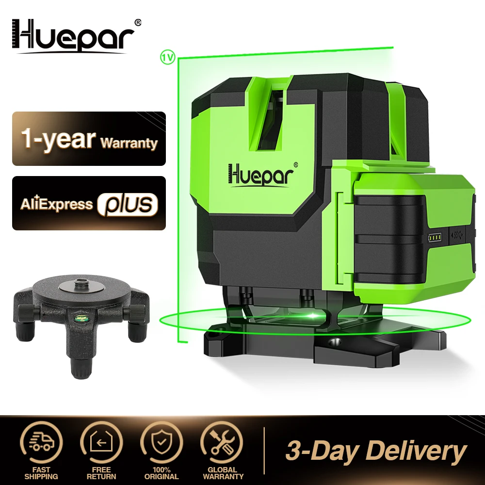 Huepar Cross Line Laser Level Green 360° Horizontal &Vertical Line & Plumb Dot Self-Leveling Li-ion Battery Type-C Charging Port