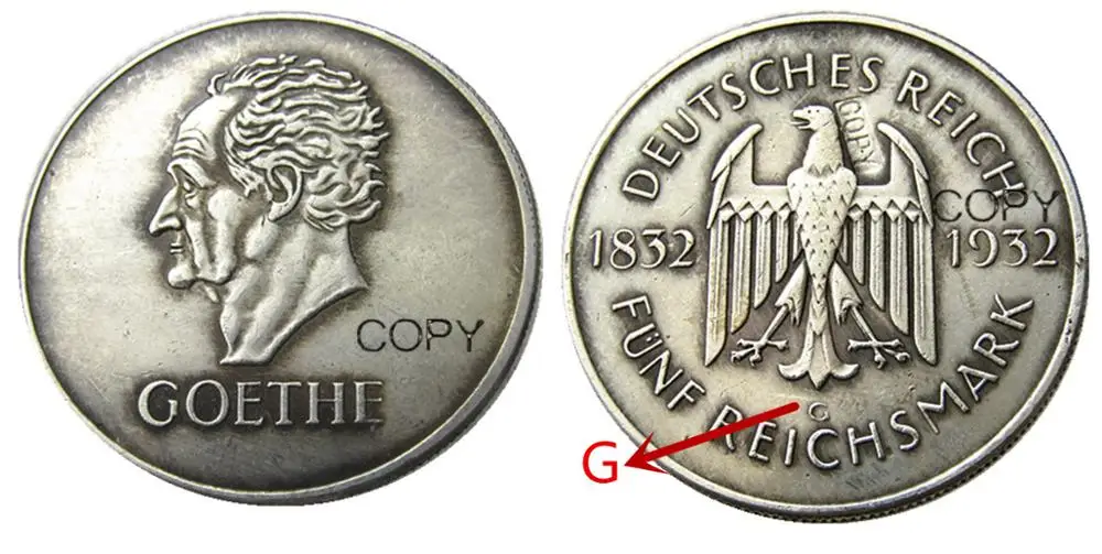 

Германия 1932-G 5 рейхсмарк Посеребренная КОПИЯ монета