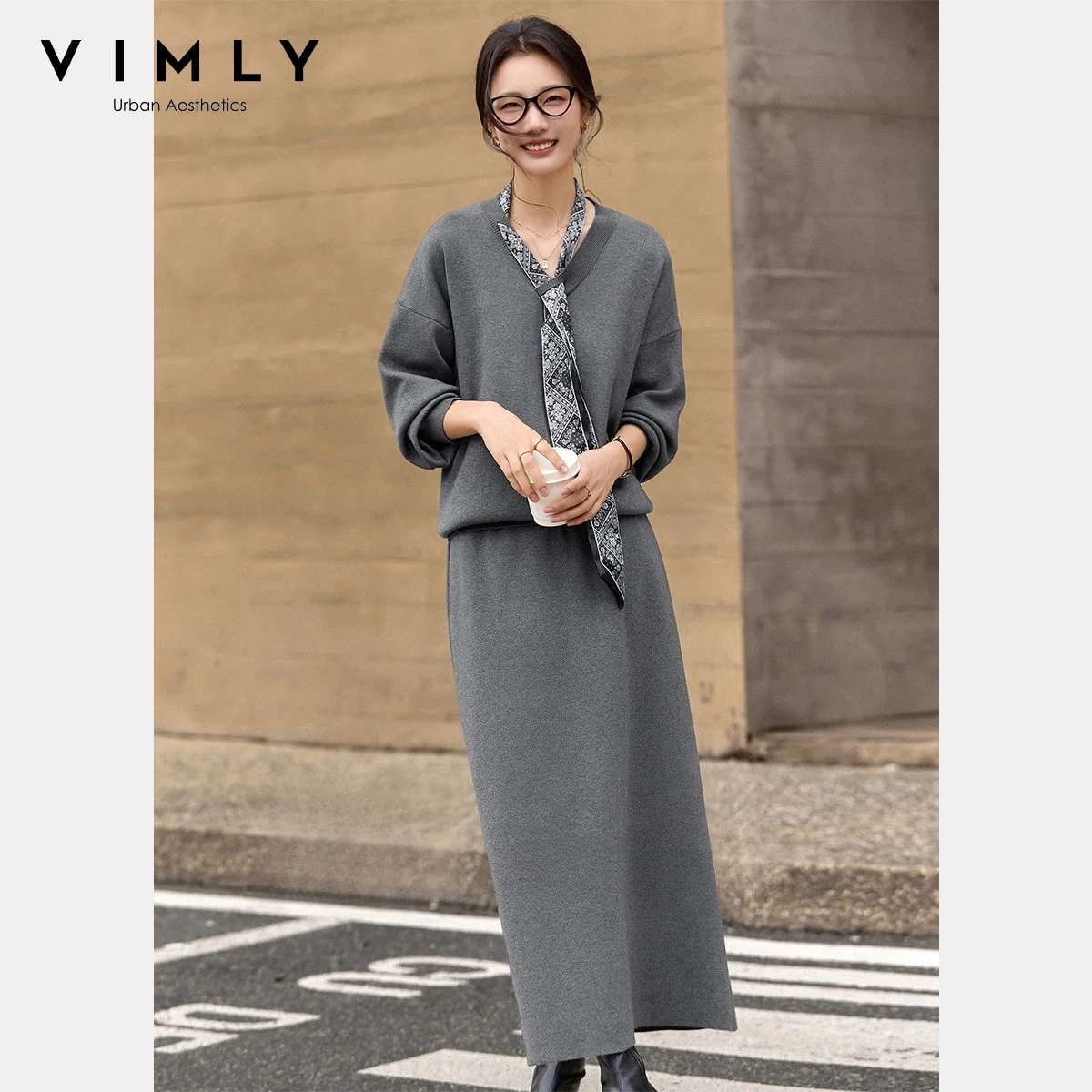 VIMLY النساء متماسكة تنورة مجموعات ركاب الخامس وشاح للرقبة كم كامل بلايز ألف خط التنانير الطويلة الشتاء لينة السيدات قطعتين مجموعة 30503