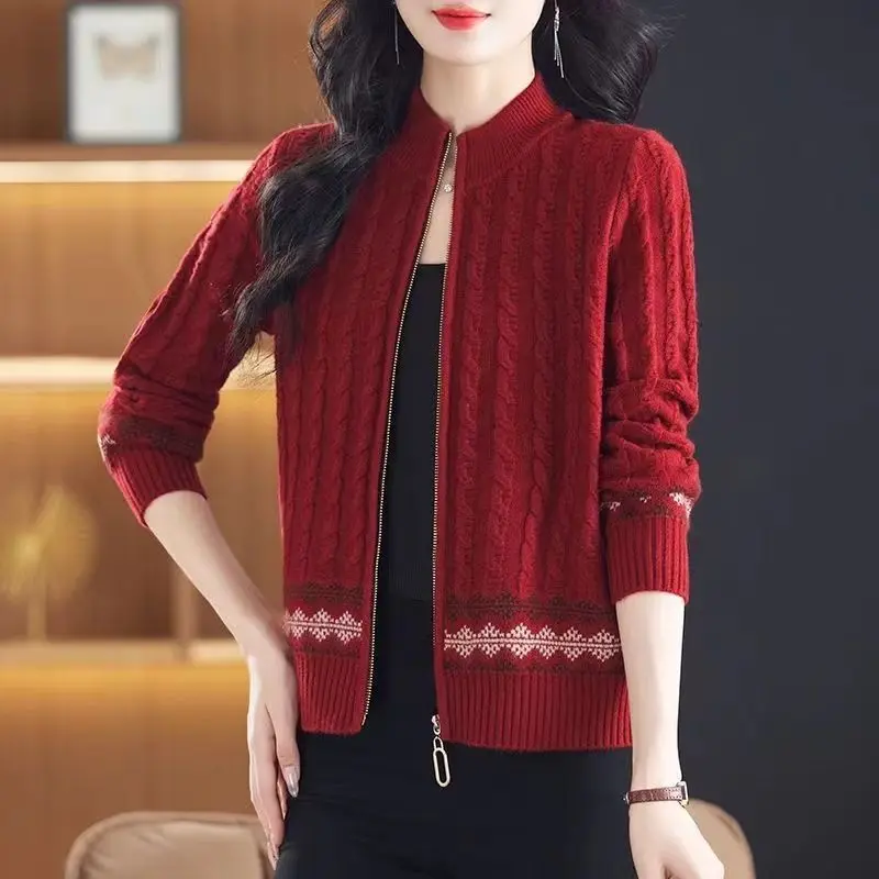 Turtleneck Women's Autumn Winter Lantern Long Sleeve Zipper Geometric Figure Cardigan Sweater Knitted Casual Fashion Tops