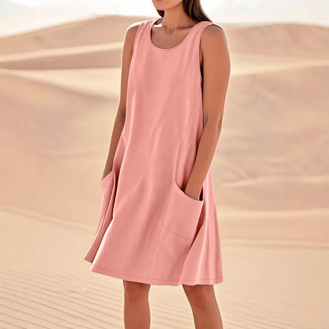 여성 느슨한 빈티지 프릴 Befree 드레스 섹시한 포켓 여름 조끼 탱크 Boho 캐주얼 휴일 파티 우아한 미디 드레스