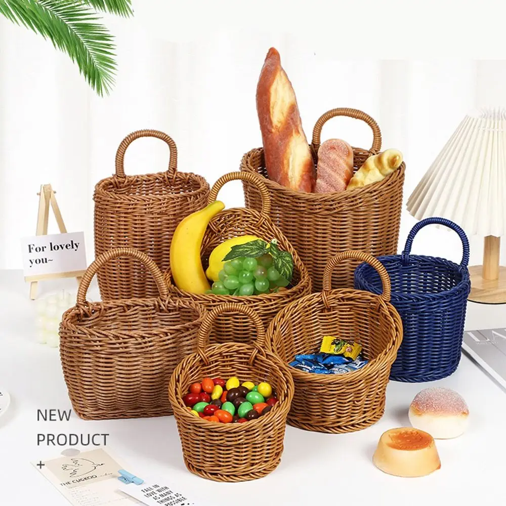 Cesta de almacenamiento de cocina de ratán de imitación, decoración del hogar con asa, cestas colgantes tejidas a mano, verduras, frutas, flores, marrón