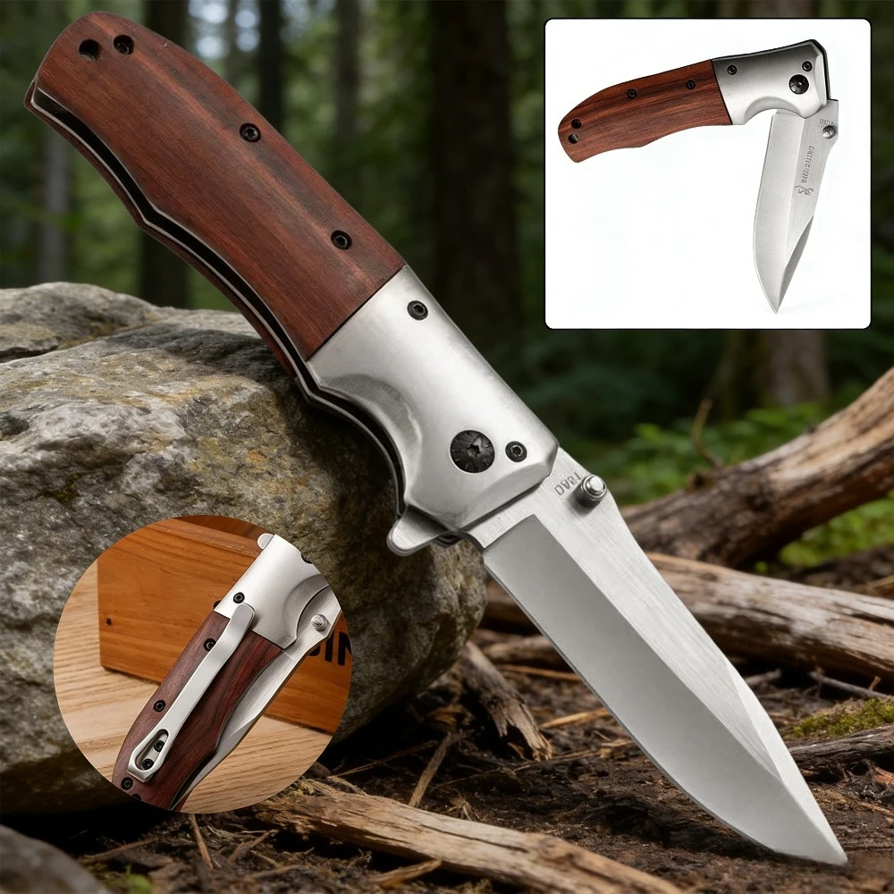 Coltello Pieghevole in Acciaio Inossidabile ad Alta Durezza con Cuscinetti a Sfera, Coltello Tascabile Portatile con Manico in Legno e Clip Posteriore per Uso Quotidiano e Outdoor
