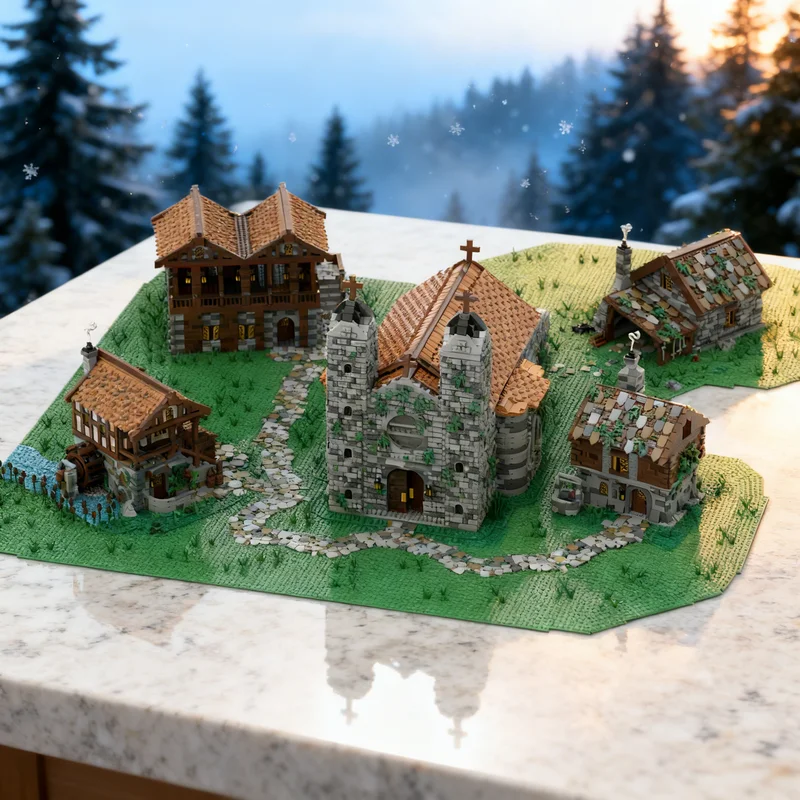 

17559 деталей MOC: Модель средневекового замка-деревни, конструктор, игрушка-подарок, креативный коллекционный набор для демонстрации, премиум-класс, для взрослых и детей