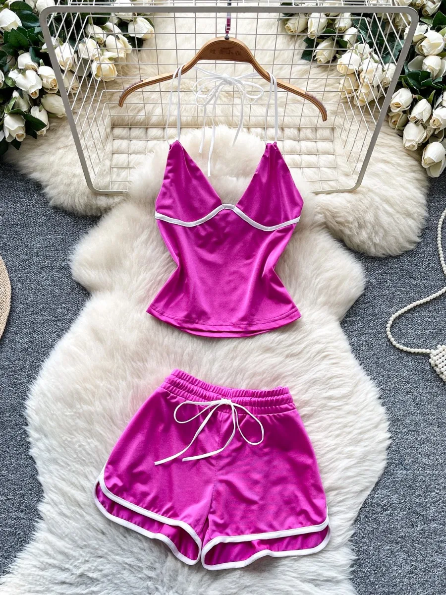 

Foamlina Повседневная спортивная одежда Шорты Комплект женских летних новых сексуальных горячих девушек Цветной блок с лямкой на бретельках Жилет Камзол + Шорты с высокой талией