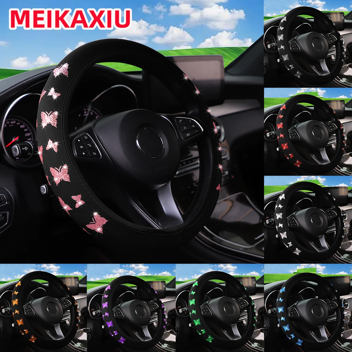 Rimless Blingbling Flash Butterfly Steering Wheel Set for 14.5-15 Inch Cars Car Decorative Outer Rim Accessory