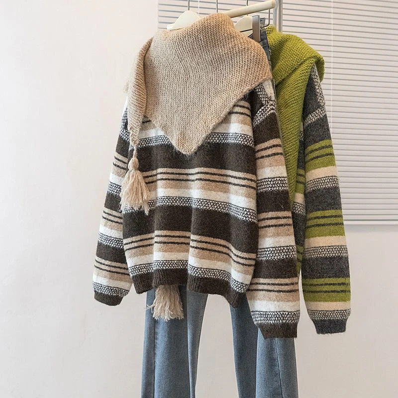 일본식 스트라이프 니트 스웨터 여성용 달콤한 레이지 스타일 스카프 가을 겨울 풀오버 프레피 루즈 캐주얼 O넥 니트웨어 점퍼