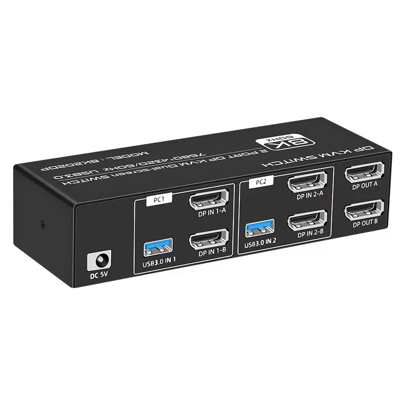 FJ-8K202DP OEM 8K DP USB3.0 KVM Dual Screen Switch 8K 60Hz 7680x4320 Stock Supports Desktop Controller Switching Share Keyboard