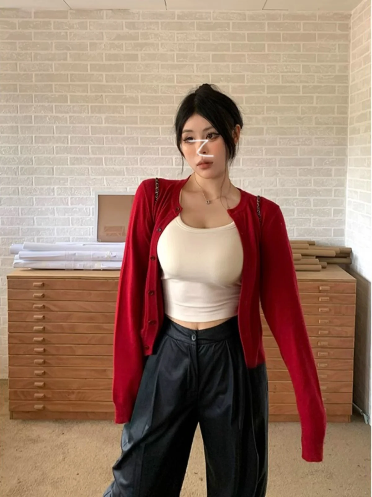 

Red Knitted Open Cardigan Loose Long Sve Women's Top Bla Zenqi Pure Desire Sle Spring Faion Slimming Age-Defng Out...