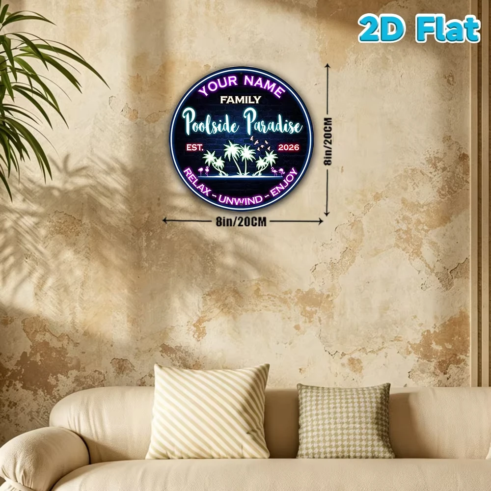 1PC 2D Custom Name & Year Poolside Paradise Round Metal Sign Flamingo Palm Tree Plaque Patio Wall Art Decor
