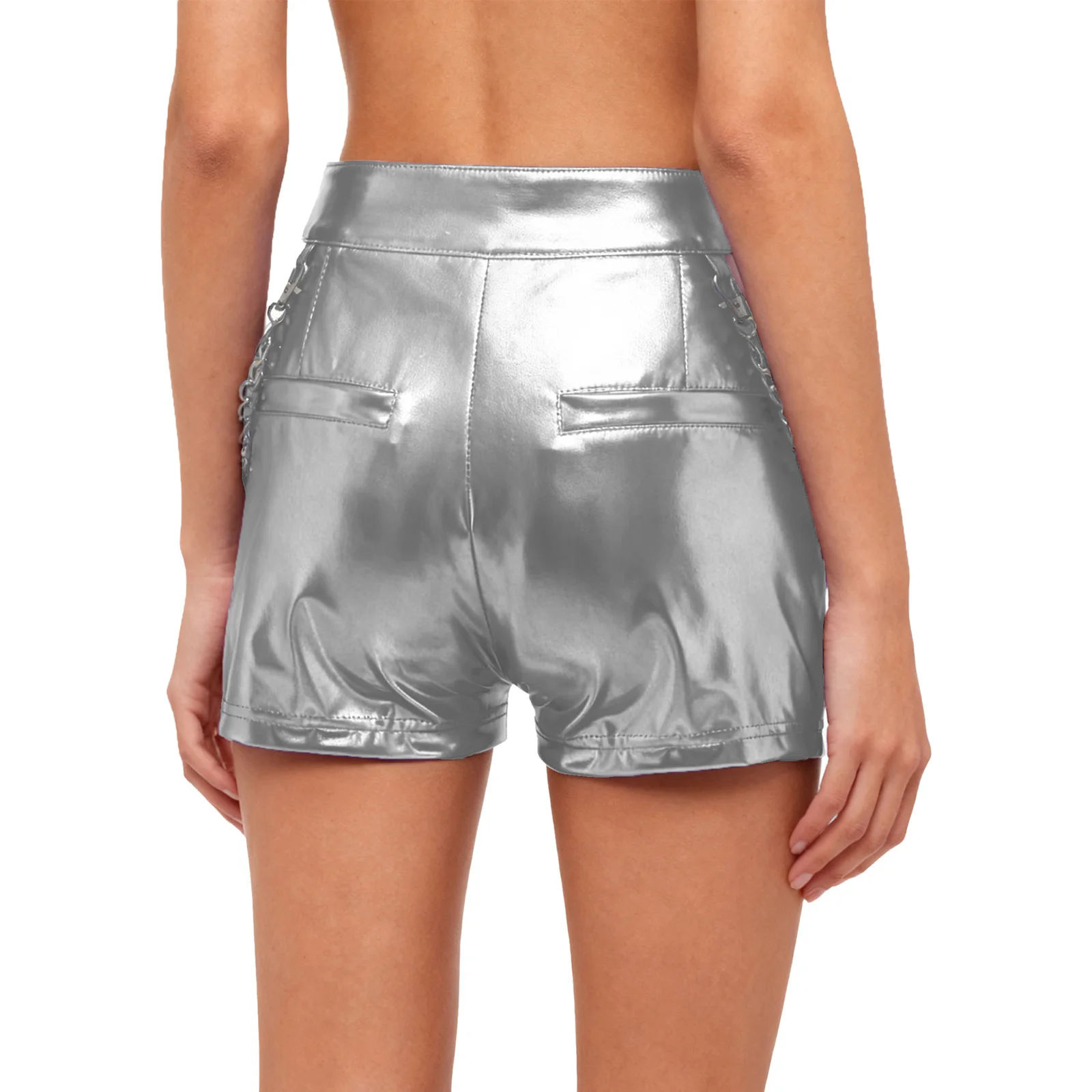 Celana Pendek Dansa Jazz Metalik Mengkilap untuk Wanita, Streetwear dengan Desain Sisi Berlubang, Dekorasi Rantai Pinggang, Pakaian Tari Panggung Jazz