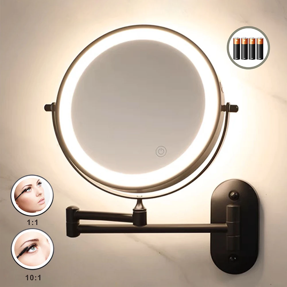 

8 inch Makeup Mirror Black/Chrome 3x/5x/7x/10x Magnifying Double Side Battery Powered Bathroom 3 color light Cosmetic Mirrors