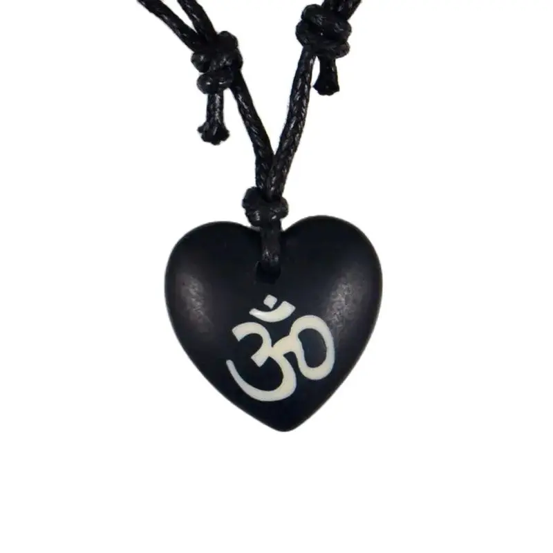 Heart-shaped AUM OM Ohm Hindu Buddhist Hinduism Yoga India yak bone Pendant Necklace Amulet Lucky Gift Tribal Fashion Jewelry