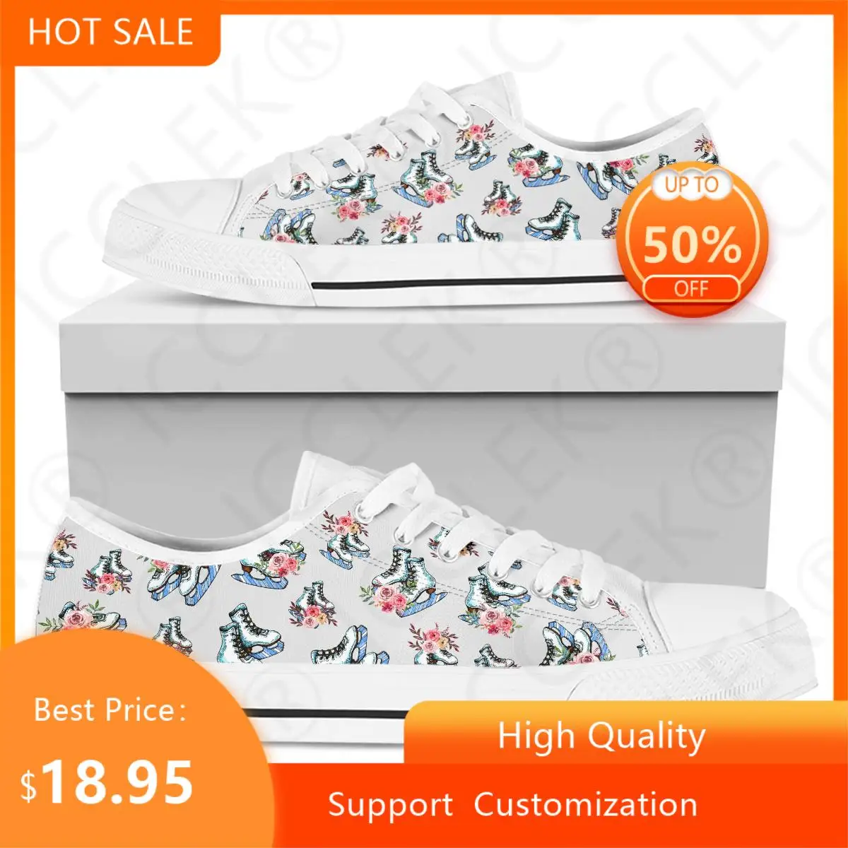 Hot White Roller Skate Design Hibiscus Print Sneakers Outdoor Spring Shoes Lace-up Tennis Mens Womens Teenager Hot Canvas Shoe