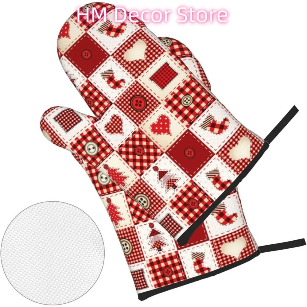 Christmas Red Patchwork Oven Mitts and Pot Holders Sets of 4, Merry Christmas Cooking Gloves Holiday Country Style Oven Mitts fo