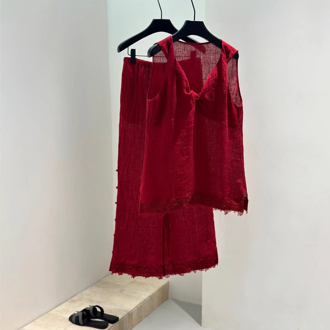 

French Spring and Summer New Line Texture Lace Sleeveless Vest Elastic Waist Wide Legs Casual Pants Set