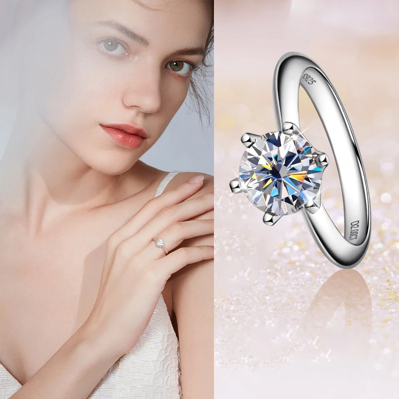 

6 claw 1-2 carat moissanite ring, light luxury, D color, genuine, finely crafted 925 sterling silver with 18k gold plating, wome