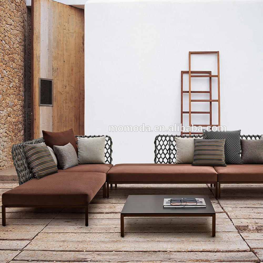 

New Italy Design Unique Black Metal And Cord Rope Garden Outdoor Casual Sofa Furniture Poolside Platform Corner Set