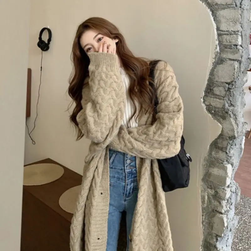 

Midi Thicken Jacquard Sweater Coat Women's Clothing Autumn Winter New Vintage Solid Color Loose Knitted Ingle-breasted Cardigans