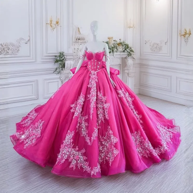 

Розовое платье для квинсеаньеры с открытыми плечами, блестками, кристаллами, многослойное, с длинным шлейфом и бантом, Vestido De 15 Quinceanera, на заказ