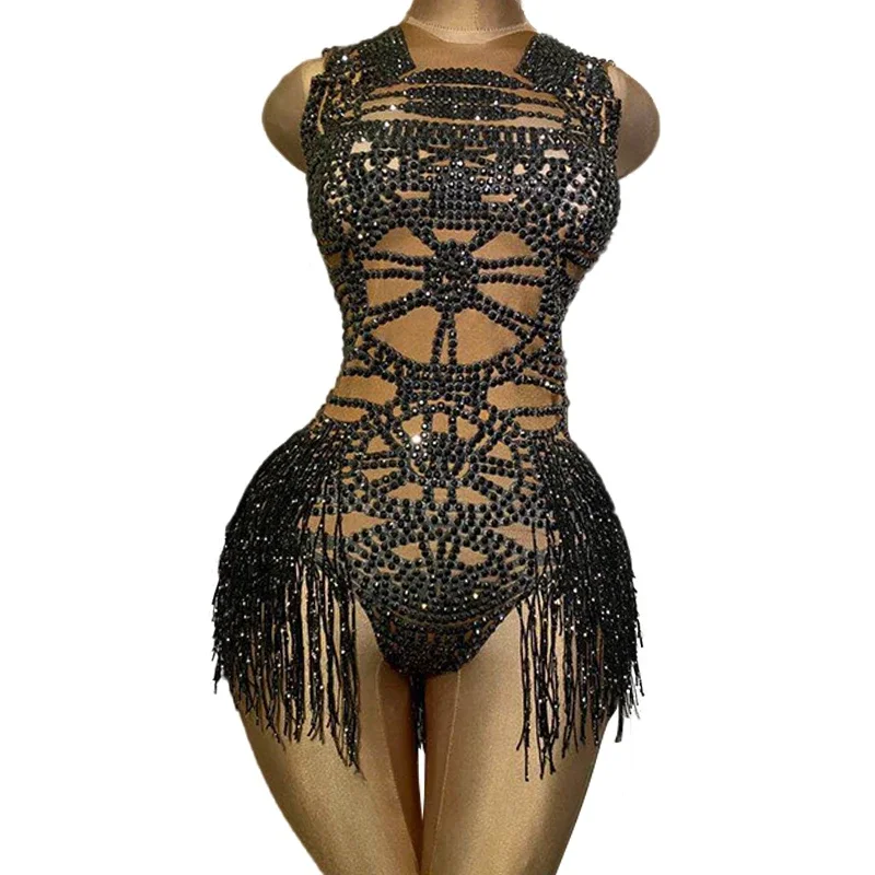 Justaucorps slim sans manches, Costume de danse pour spectacle sur scène en boîte de nuit, tenue de Festival Rave, body noir avec pompon et strass