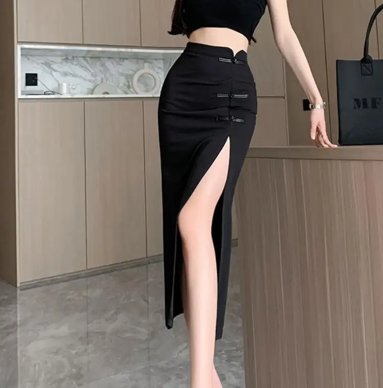 Black Sexy Skirt Split Simple Casual All-Match Hot Street Outing Cool Mature Vitality Personality Trend Basic Women'S Skirt