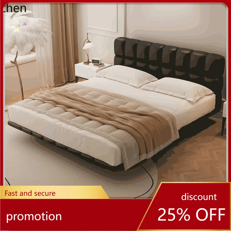 HXL Cream Style Floating Bed Tofu Block Top Layer Cowhide Black Genuine Leather Bed
