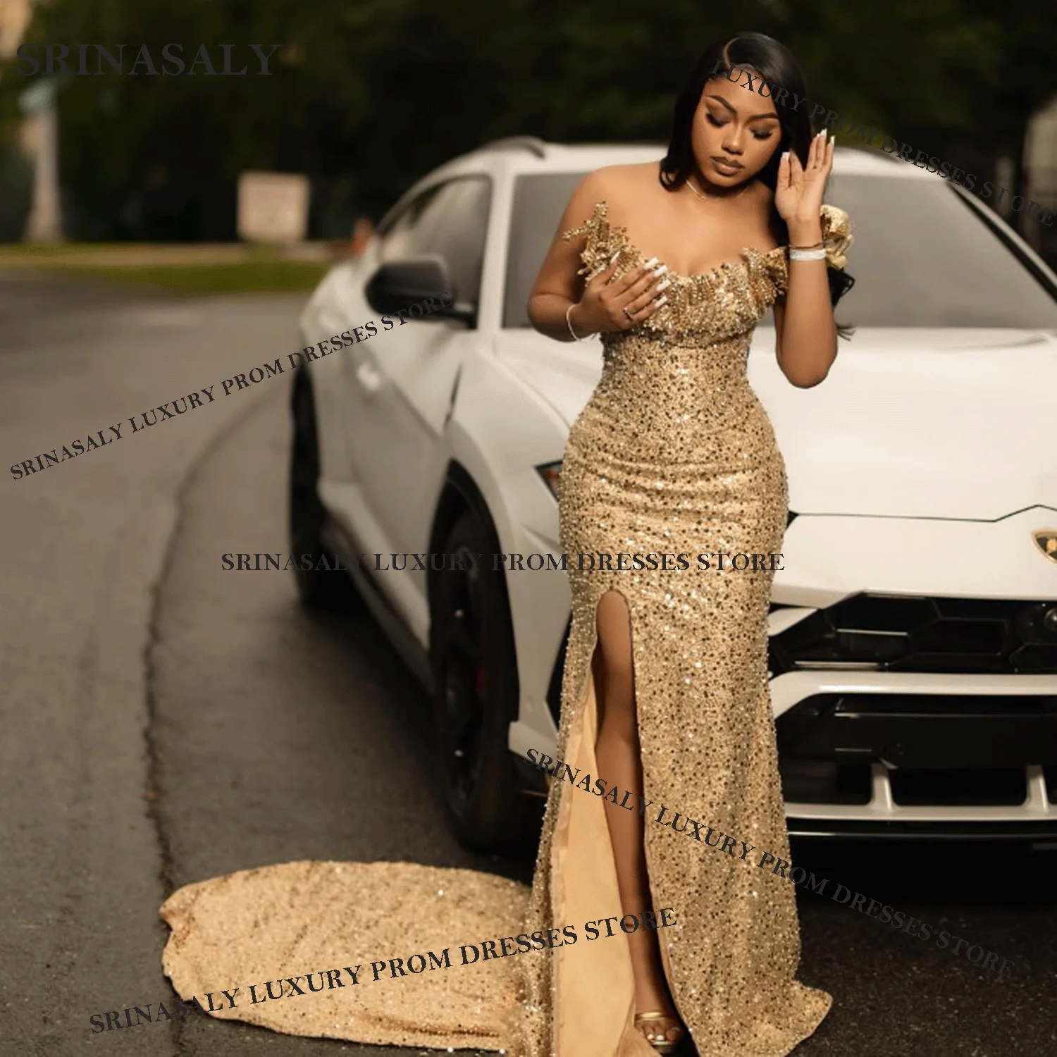 فساتين حفلة موسيقية فاخرة طويلة حورية البحر رائعة مخصصة للديكور كريستال الماس الديكور 2025 ثوب مسائي مفتوح الظهر رداء