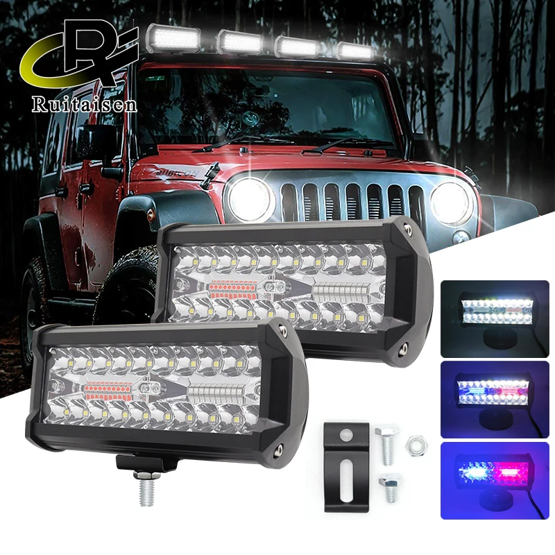 7Inch 120W Red Blue LED Work Driving Pod Light Bar Combo Strobe Lights Truck Fog Lamps for Jeep Offroad Trucks Car UTV Boat