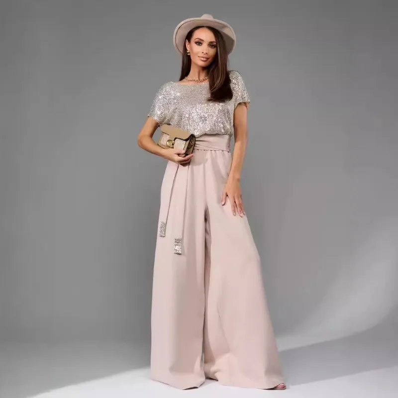 

2025 Spring Jumpsuit Sequin Fashion Short Sleeved Casual Jumpsuit Long Pants Birthday Dress for Women Maxi Vestidos De Mujer