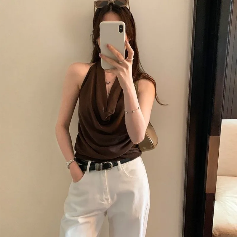 2026 New Draped Collar Halter Cami Top Women Sexy Backless Sleeveless Ice Silk Knitted Slim Elegant Y2K Spicy Girl Tops