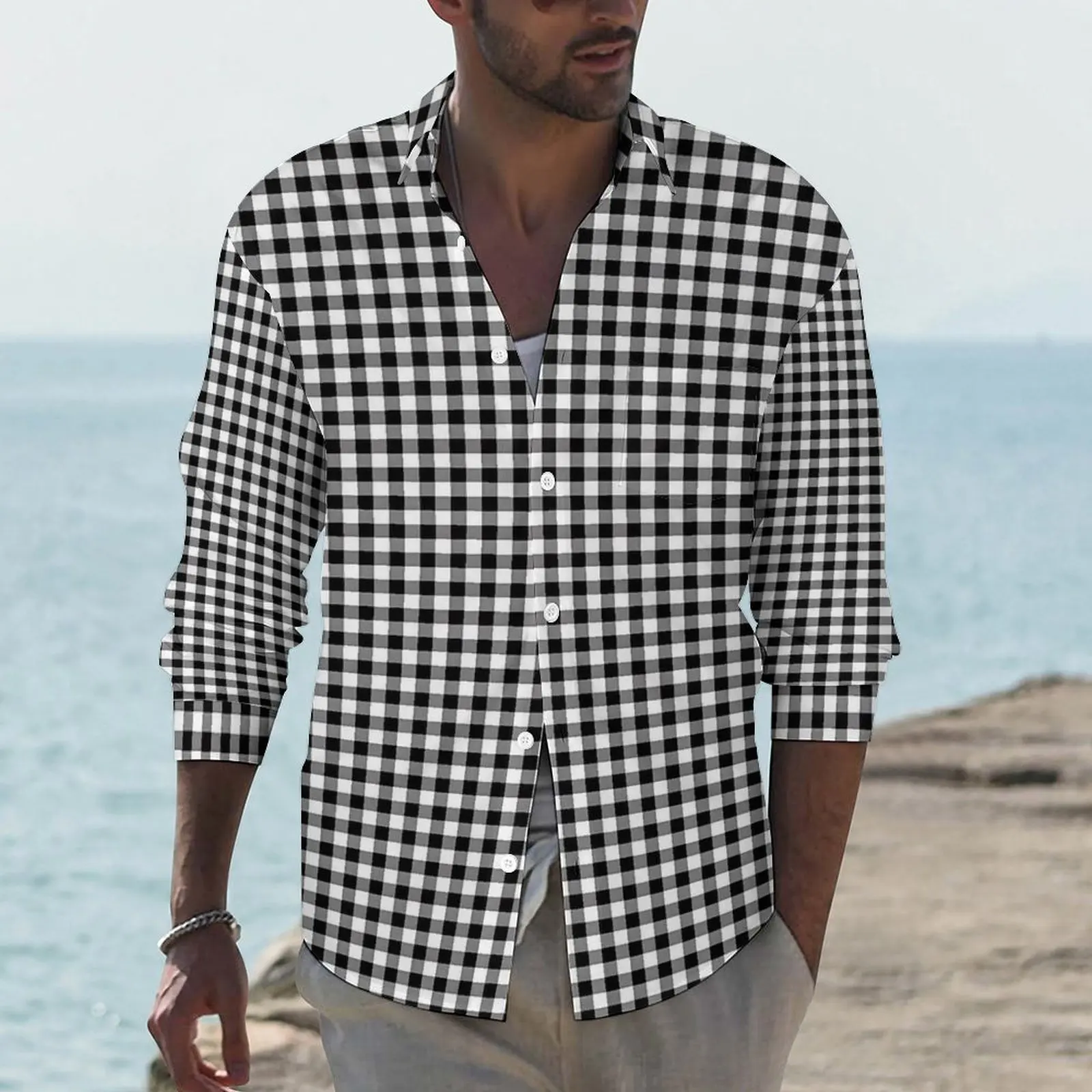 Black And White Shirt Check Print Casual Shirts Long Sleeve Custom Streetwear Blouses Spring Vintage Oversize Tops