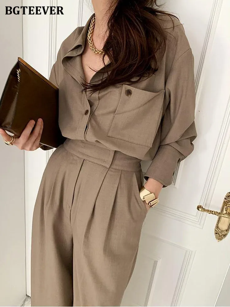 BGTEEVER Fashion Autumn Loose Female 2 Pieces Set Full Sleeve Shirts Blouses & Wide Leg Suit Pants Women Trousers Set